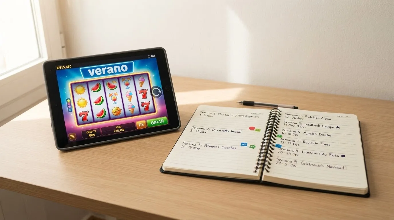 Calendario con iconos de promociones estacionales junto a una pantalla de casino