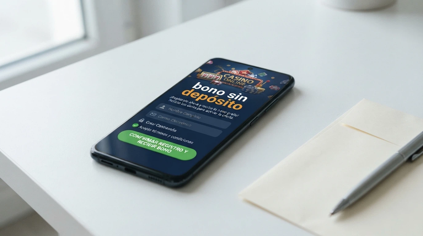 Primer plano de un teléfono móvil mostrando la pantalla de registro de un casino online con el texto «bono sin depósito» visible en la interfaz
