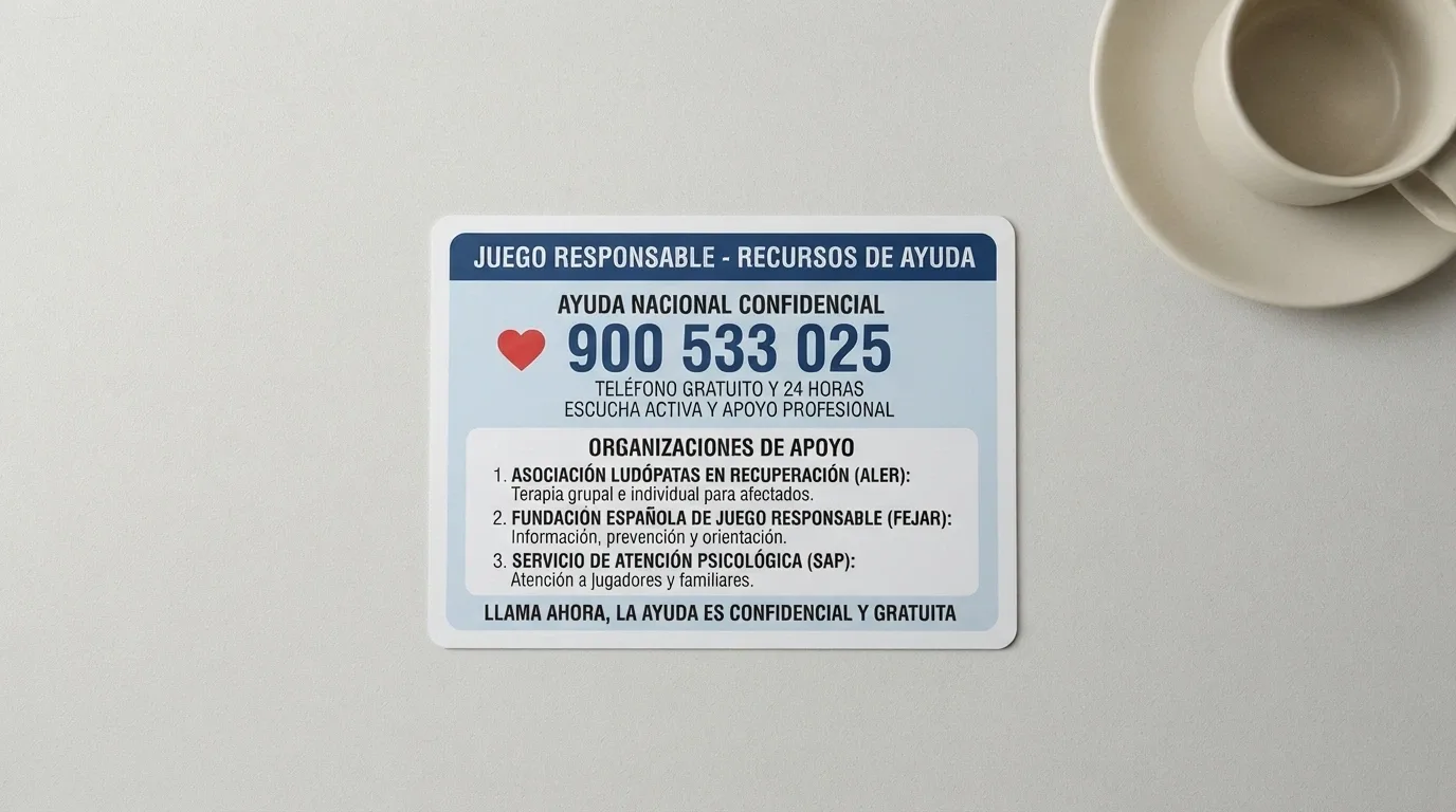 Tarjeta con los teléfonos y recursos de ayuda al jugador: FEJAR, APAL y Jugadores Anónimos de España
