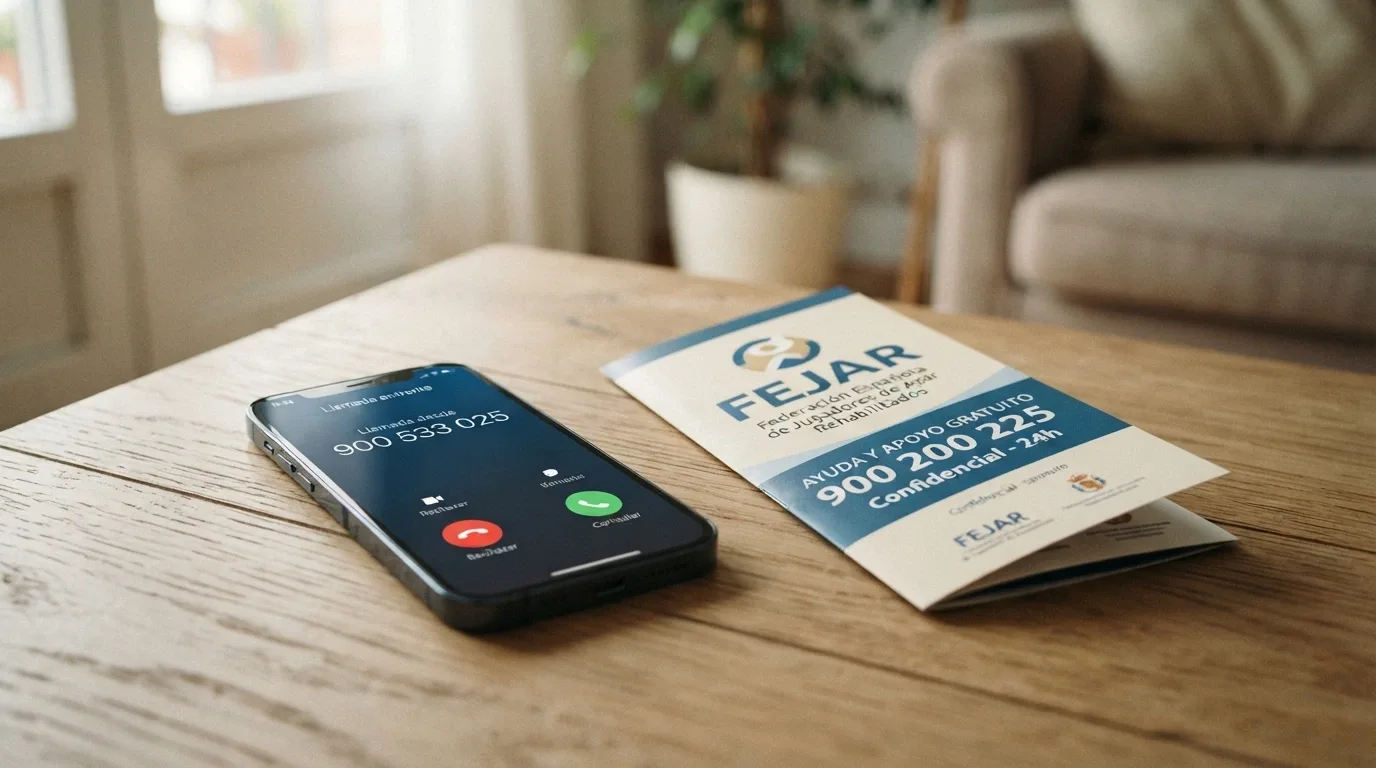Teléfono móvil mostrando una llamada al 900 533 025 junto a material informativo de FEJAR sobre juego responsable