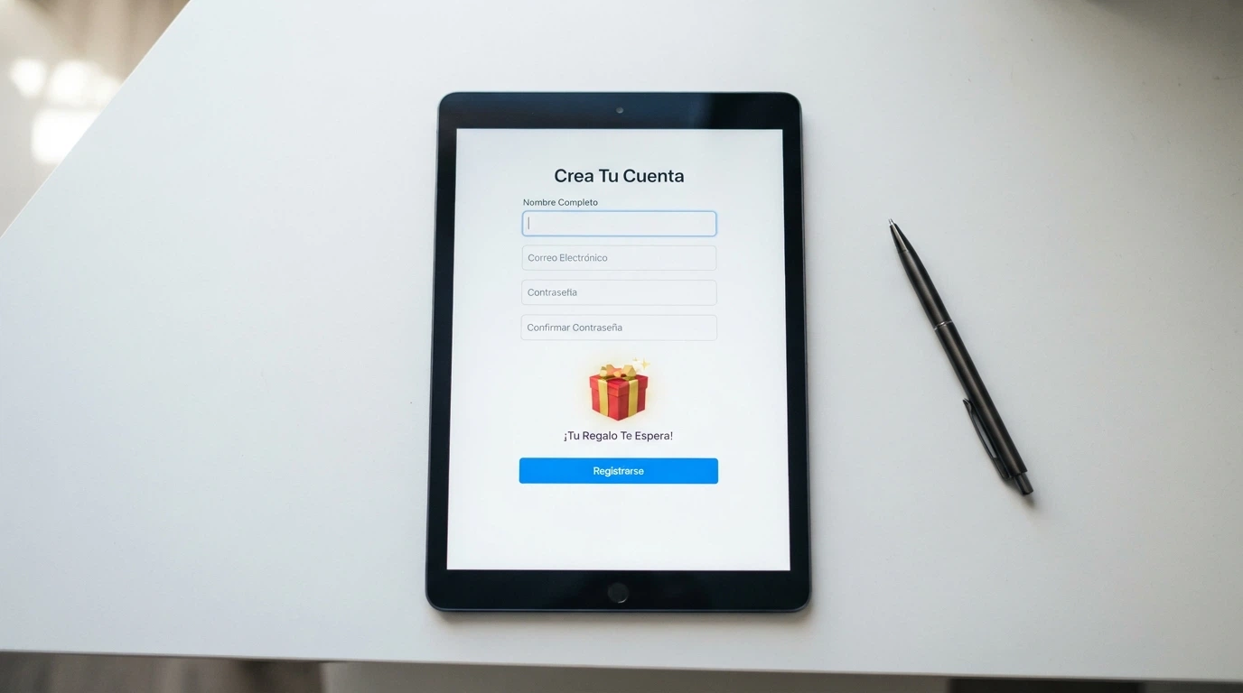 Un formulario de registro de casino online siendo rellenado en una tableta, con un icono de regalo apareciendo al completar el último campo