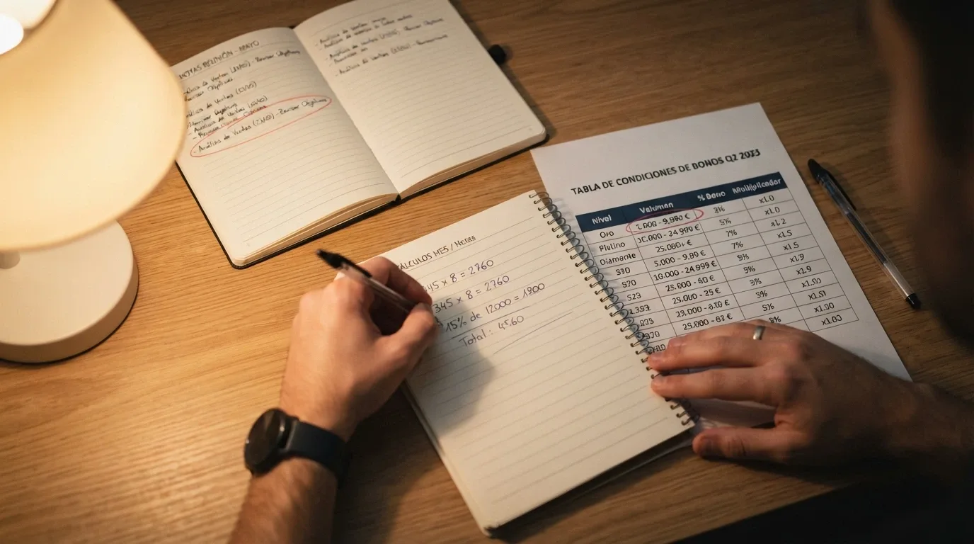 Una calculadora junto a una pantalla con los términos de un bono de casino y un calendario marcando 7 días