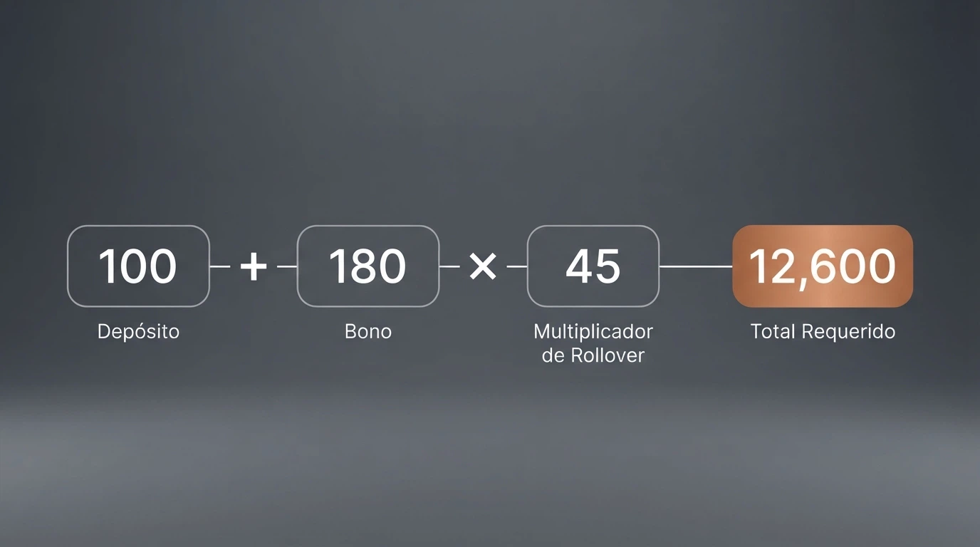 Infografía que desglosa la fórmula del rollover: depósito más bono, multiplicado por el requisito de apuesta, igual a volumen total que hay que jugar