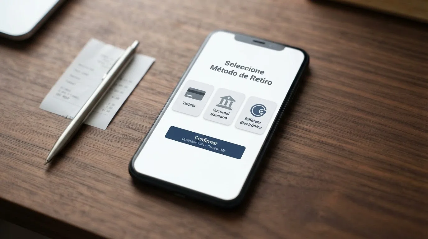 Un teléfono mostrando la pantalla de retirada de un casino online con los métodos de pago disponibles: tarjeta, transferencia y monedero electrónico