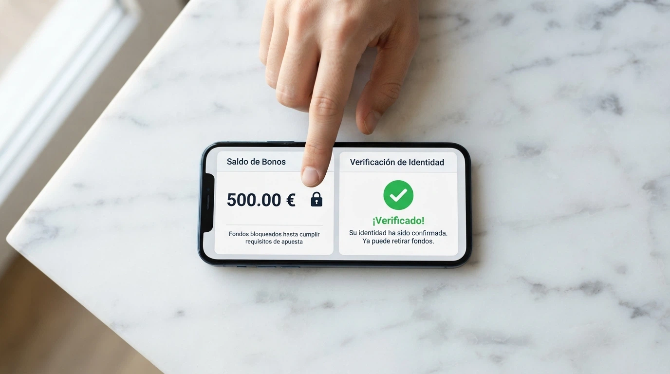 Pantalla dividida: a la izquierda el saldo del bono bloqueado, a la derecha una notificación de verificación KYC completada