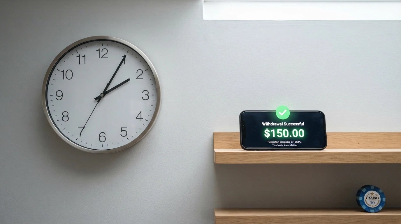 Reloj marcando 8 minutos junto a una pantalla con la confirmación de un retiro completado en BCH y el saldo actualizado en una wallet