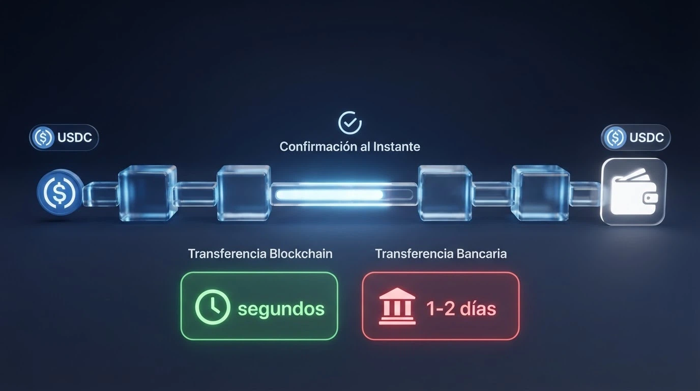 Visualización de una transacción USDC en una blockchain con el tiempo de confirmación y la comisión de red destacados, comparados con una transferencia bancaria tradicional
