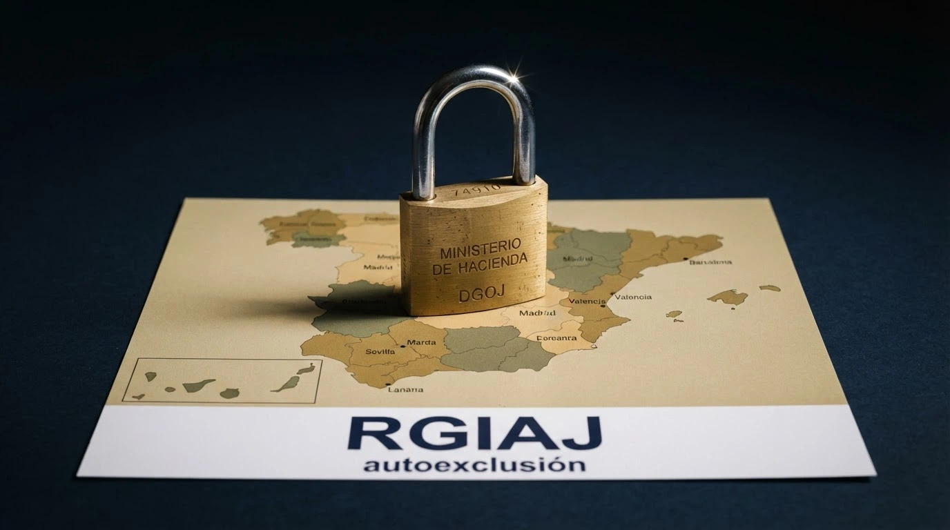 Un candado cerrado sobre el mapa de España con la sigla RGIAJ y la palabra «autoexclusión» debajo