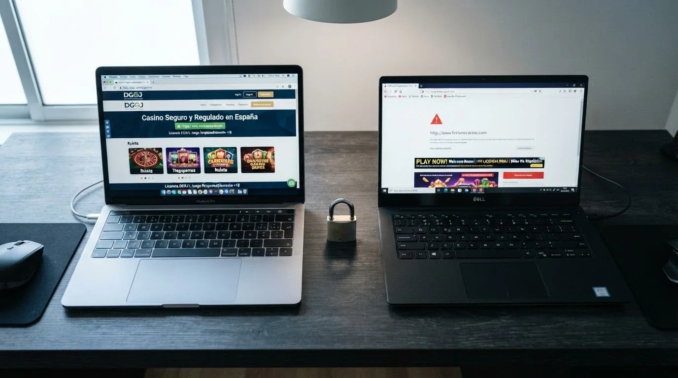 Pantalla partida: a la izquierda un casino con dominio .es y candado de seguridad; a la derecha un sitio genérico sin distintivos legales.