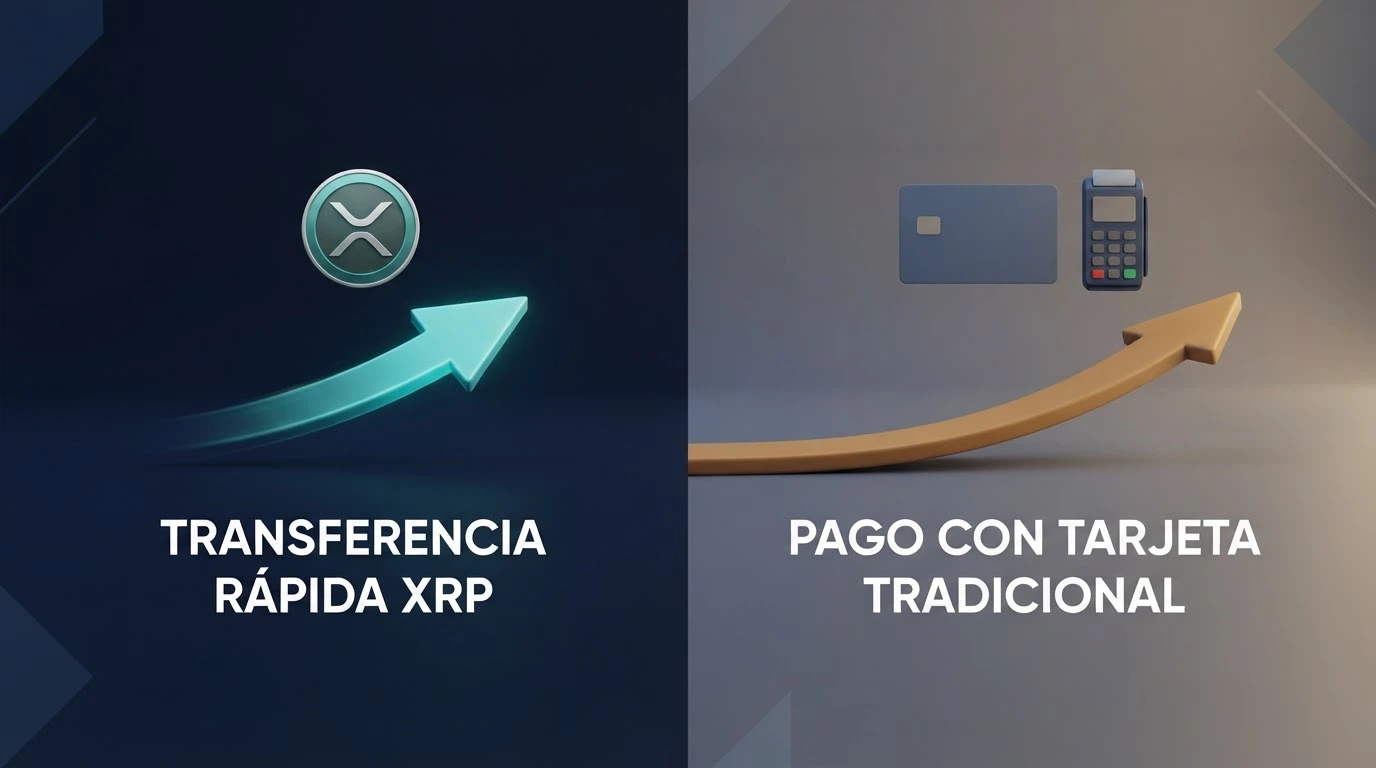 Dos caminos paralelos: una flecha rápida con el logo de XRP junto a una flecha más lenta con los logos de Visa, banco y Bizum