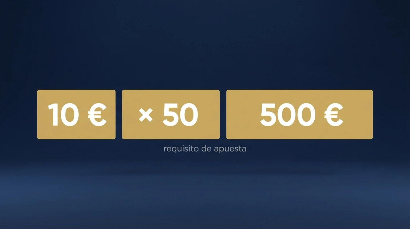 Cálculo visual del requisito de apuesta: un bono de 10 € con rollover x50 exige apostar 500 €