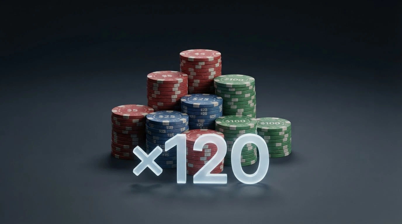 Ilustración del concepto de requisito de apuesta: fichas de casino con un multiplicador superpuesto