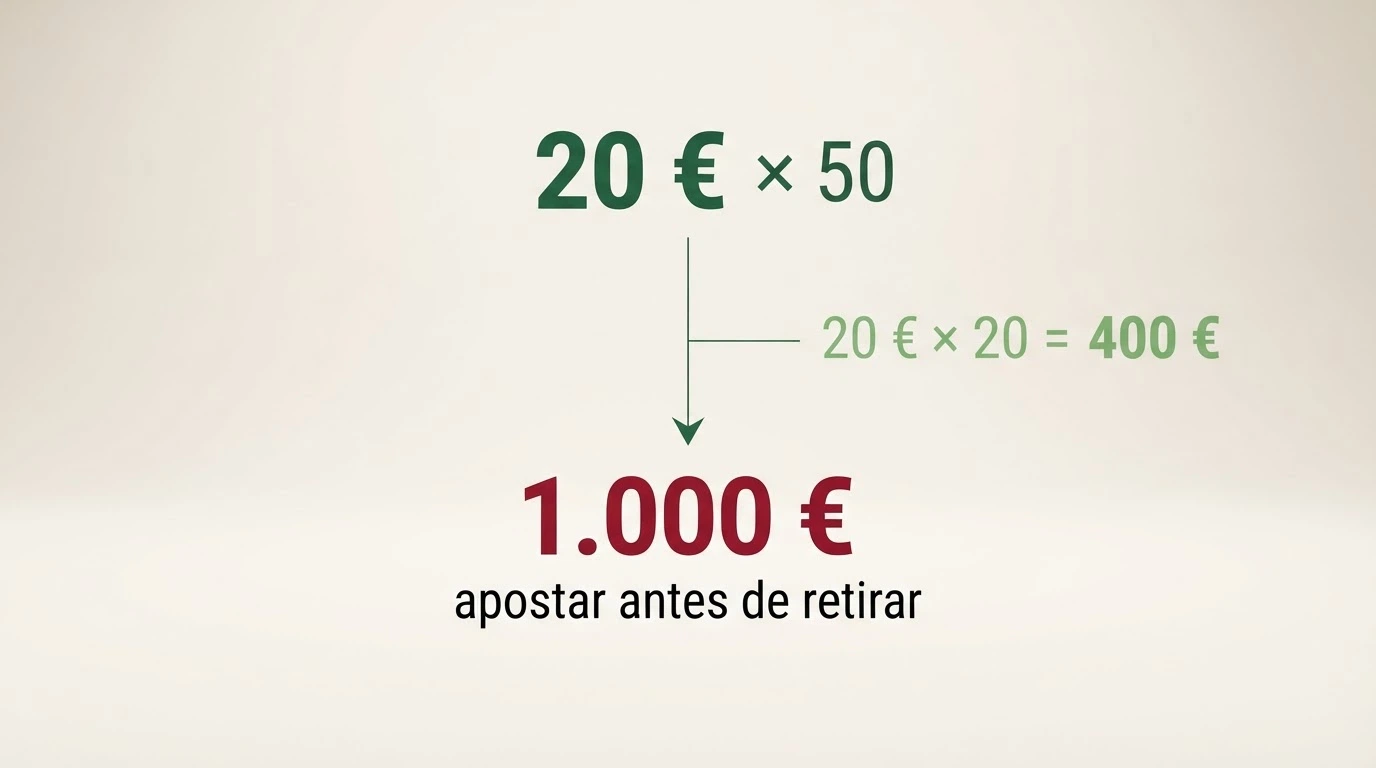 Infografía que desglosa el proceso: 20 € de bono × 50 de rollover = 1.000 € que hay que jugar antes de retirar