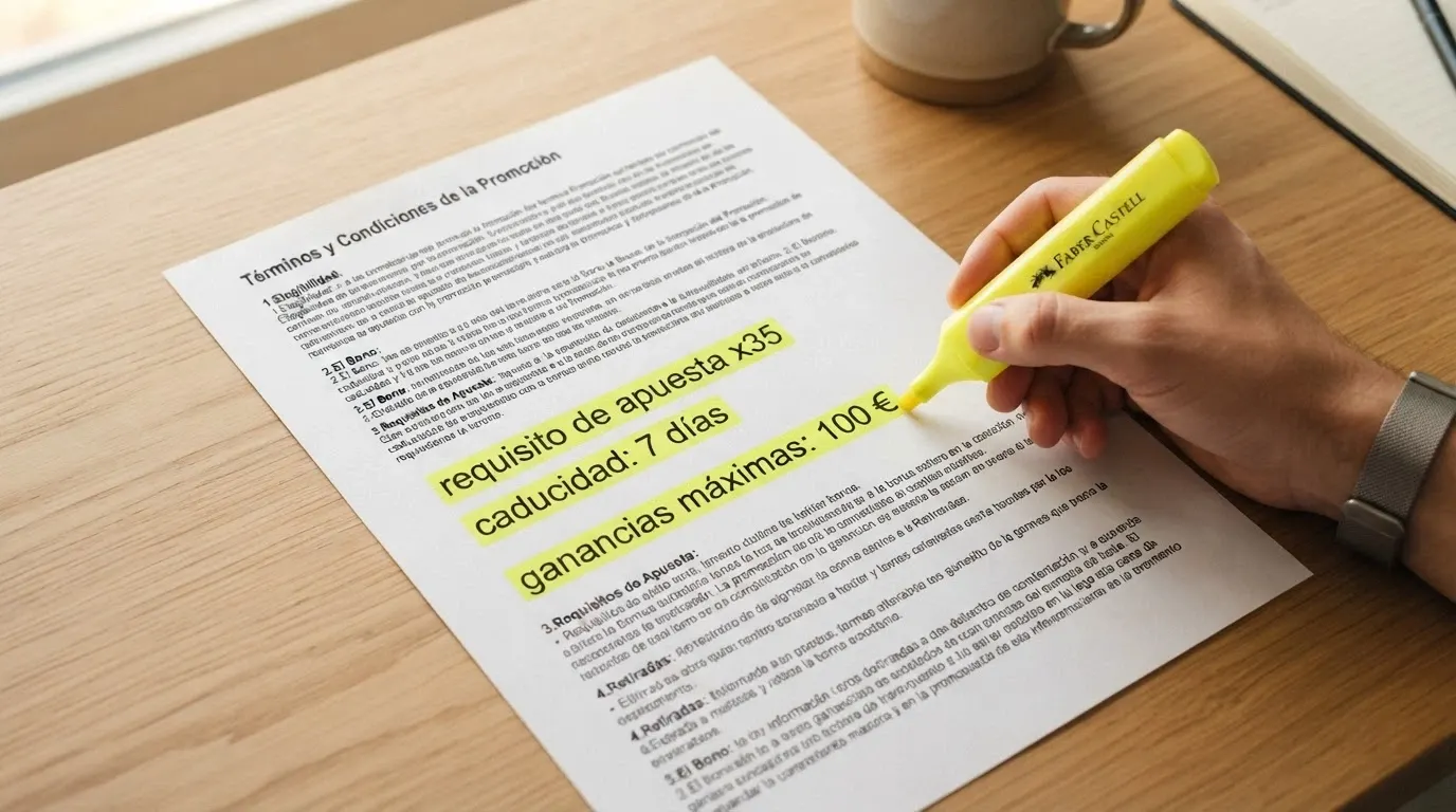 Primer plano de los términos y condiciones de una promoción de casino con tres líneas subrayadas en amarillo: «requisito de apuesta x35», «caducidad: 7 días», «ganancias máximas: 100€»
