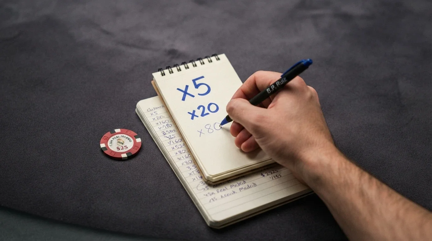 Una calculadora junto a una ficha de casino y un calendario, con los números x5, x20 y x80 en tamaño decreciente