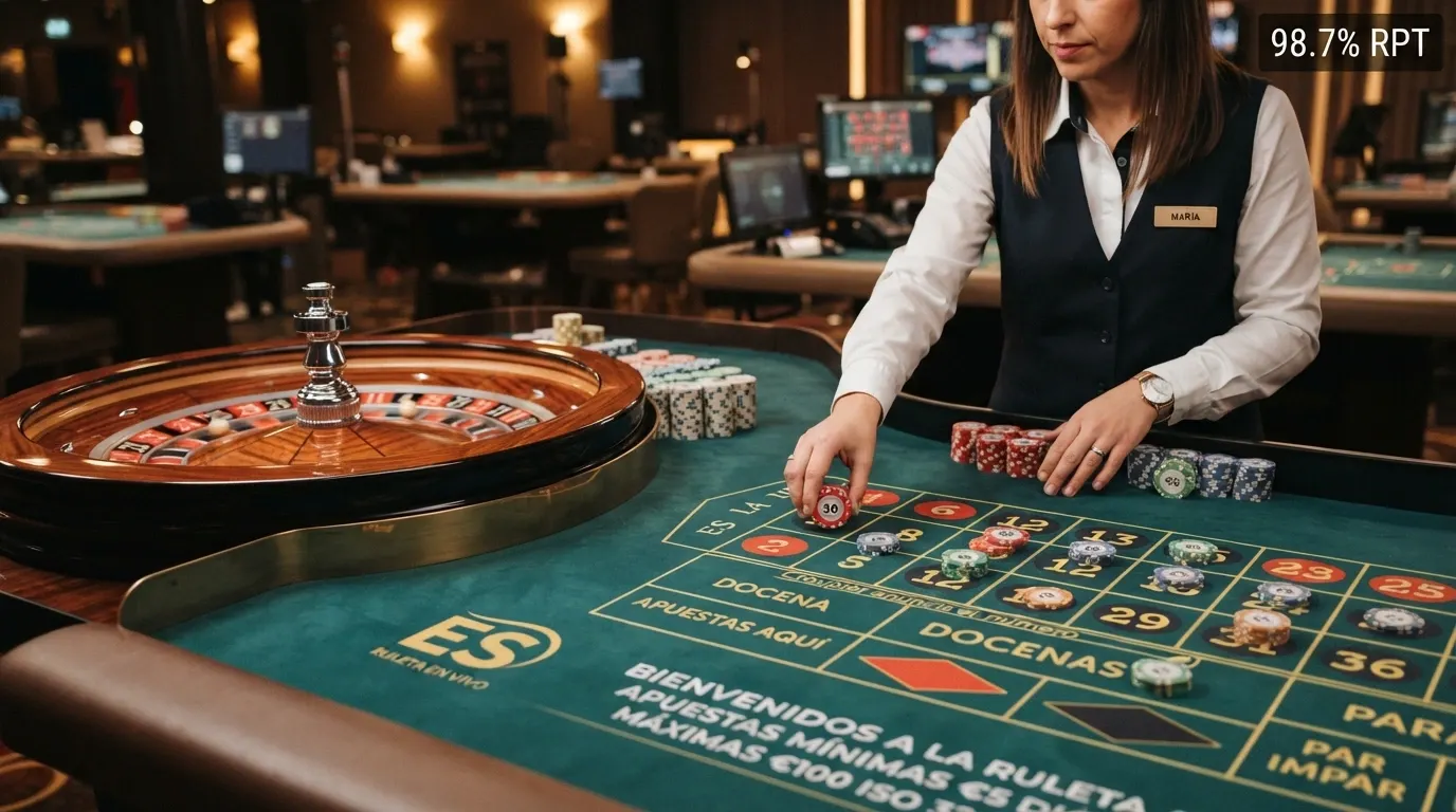 Mesa de ruleta en vivo de Evolution Gaming con crupier real, el tablero de apuestas y el indicador de RTP 97,30% visible en la interfaz