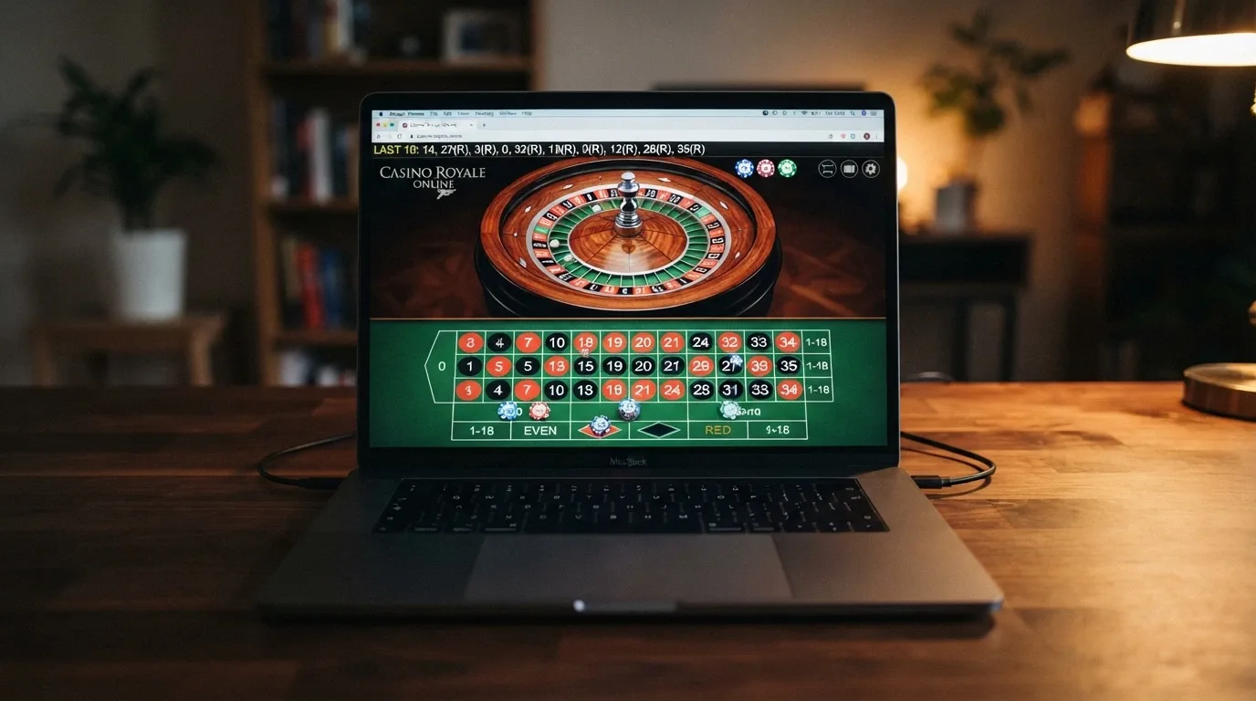 Mesa de ruleta europea en modo demo abierta en un navegador, con fichas virtuales sobre la mesa y el historial de números visibles