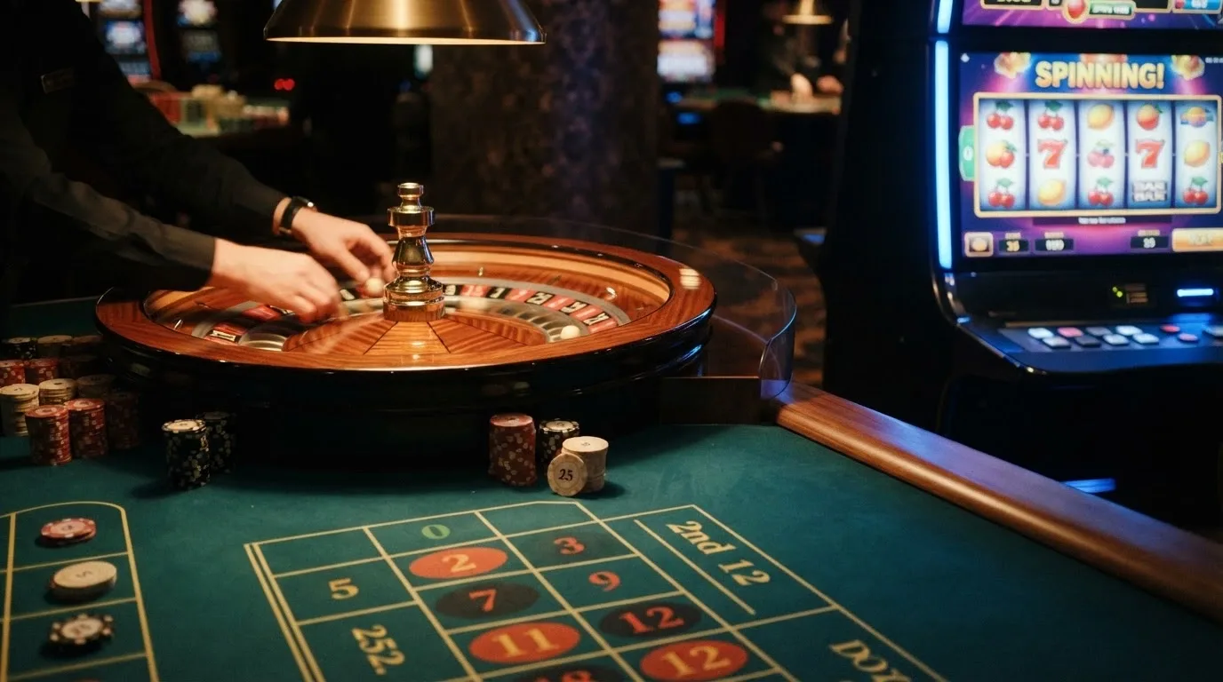 Ruleta en vivo con crupier real junto a una pantalla de tragaperras colorida con rodillos girando