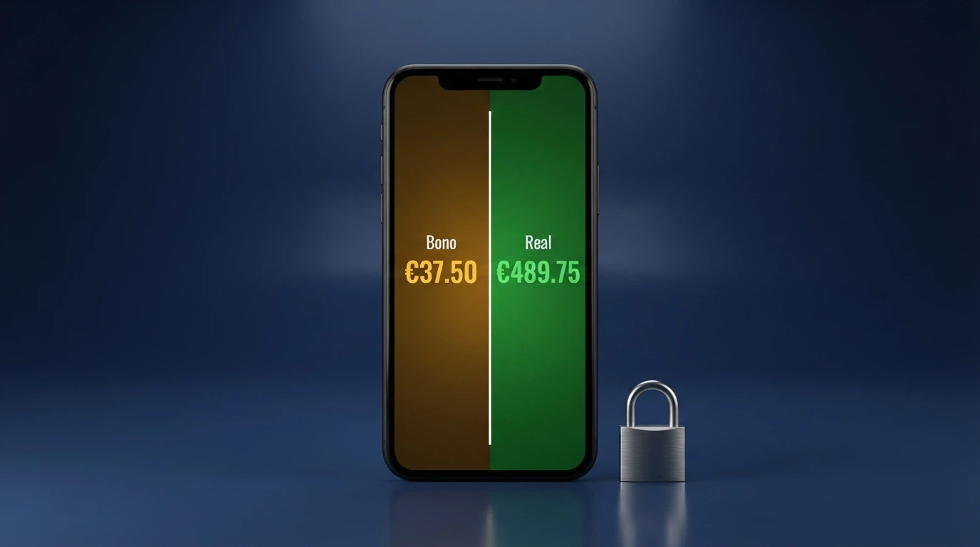 Pantalla de cajero de casino online con dos contadores diferenciados: uno etiquetado como saldo de bono y otro como saldo real, con cantidades distintas.