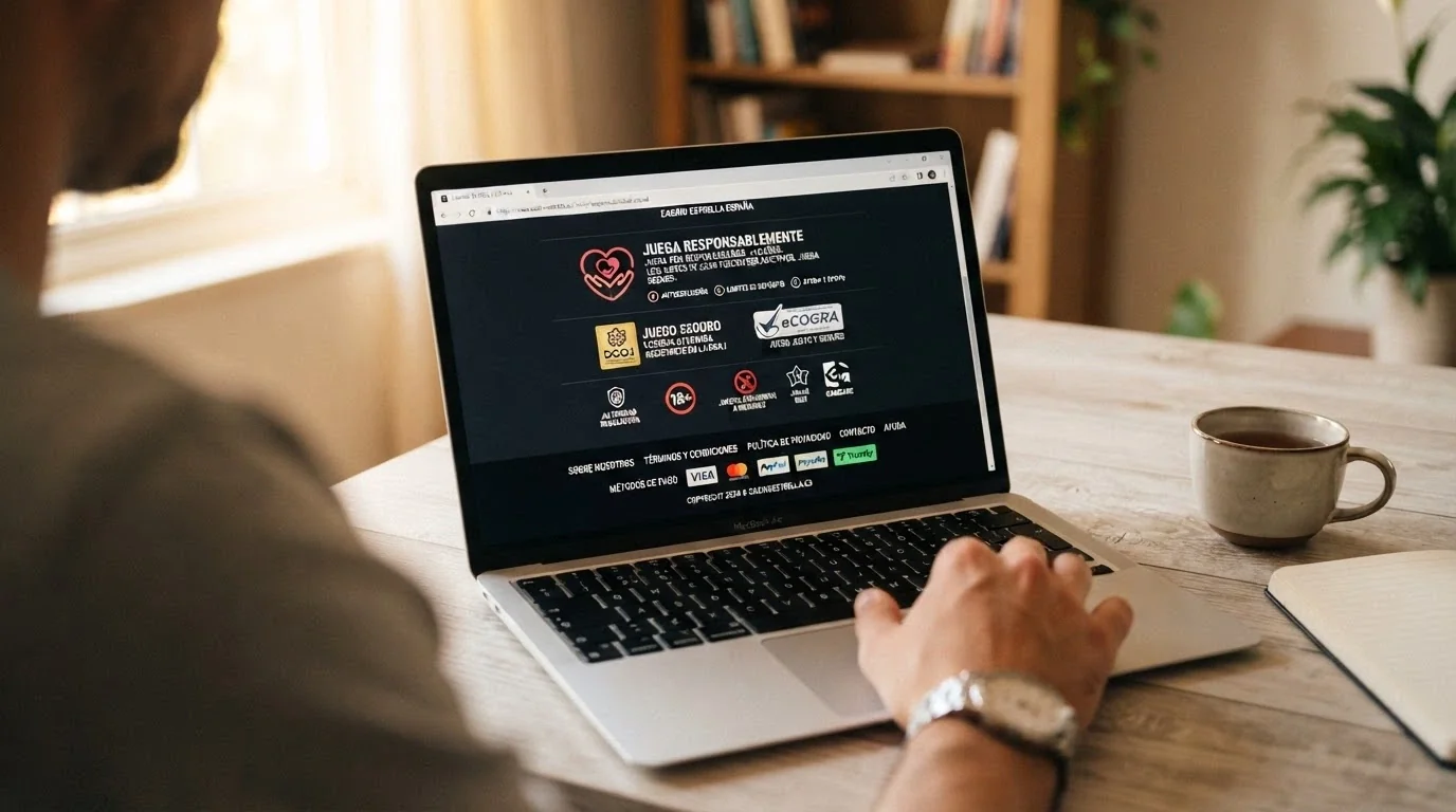 Captura de pantalla del pie de página de un casino .es con el sello de la DGOJ, el aviso de juego seguro y el dominio .es en la barra de direcciones del navegador