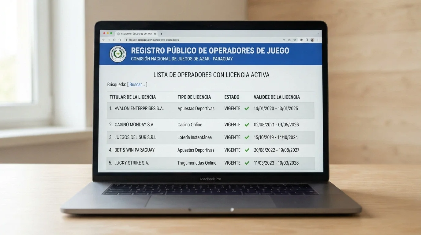 Pantalla del registro público de la DGOJ en ordenacionjuego.es con el listado de operadores autorizados y el dominio .es visible