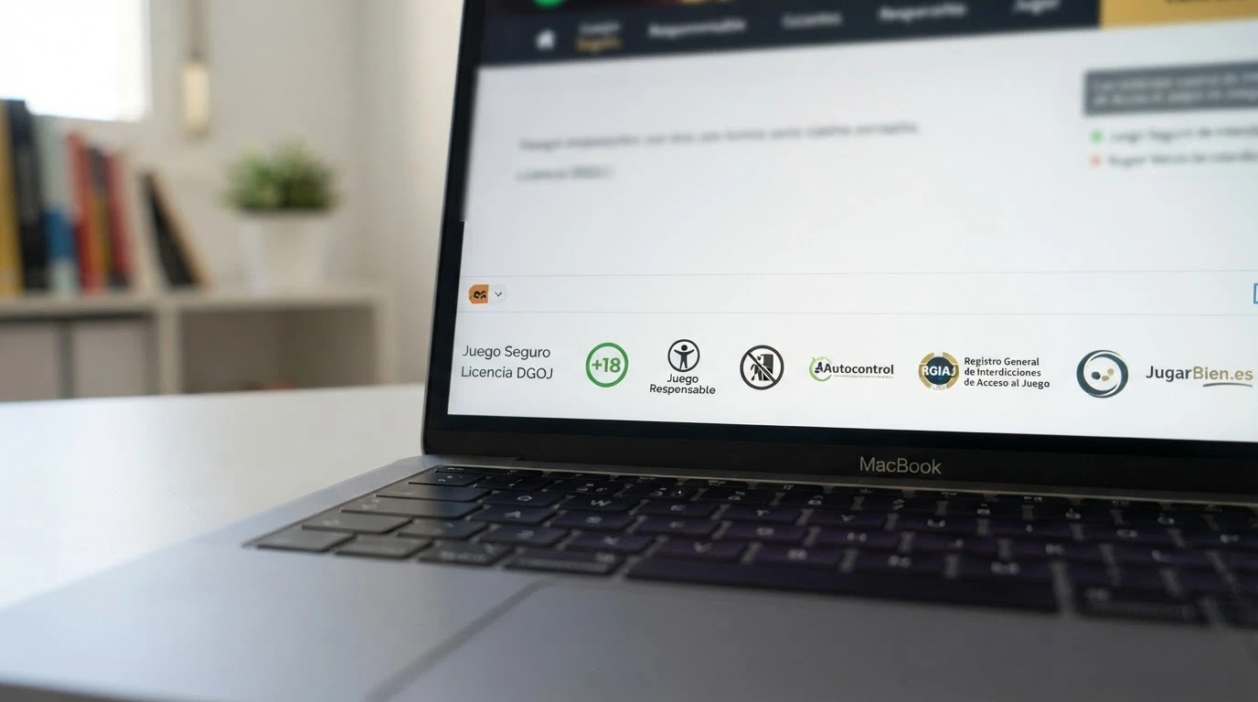 Pie de página de un casino online español con el logotipo de la DGOJ, el dominio .es y los avisos legales de juego responsable