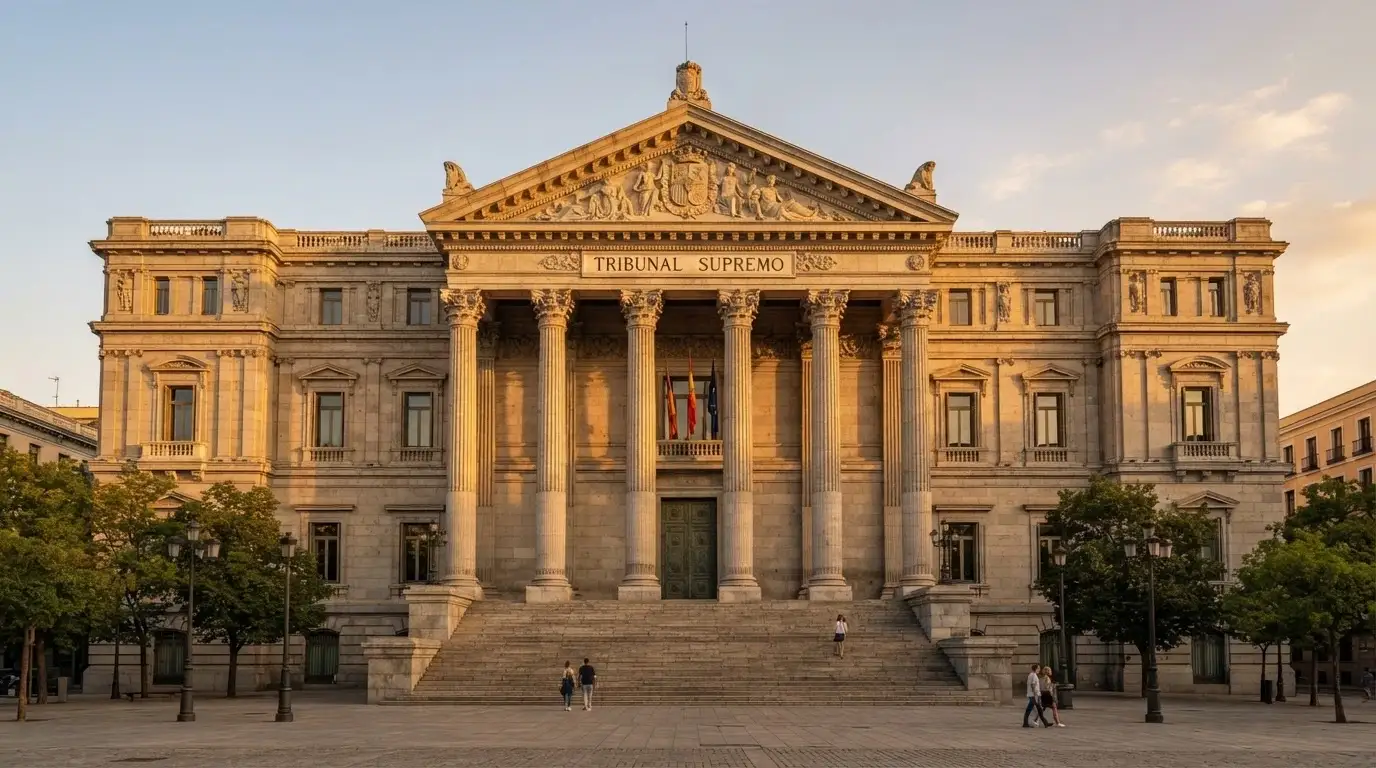 Fachada del Tribunal Supremo en Madrid con una sobreimpresión que referencia la sentencia de abril de 2024
