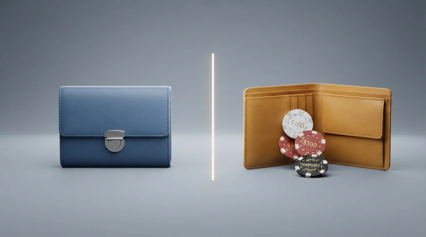 Comparación visual: un monedero cerrado (sin depósito) frente a una cartera abierta con billetes (con depósito), separados por una línea