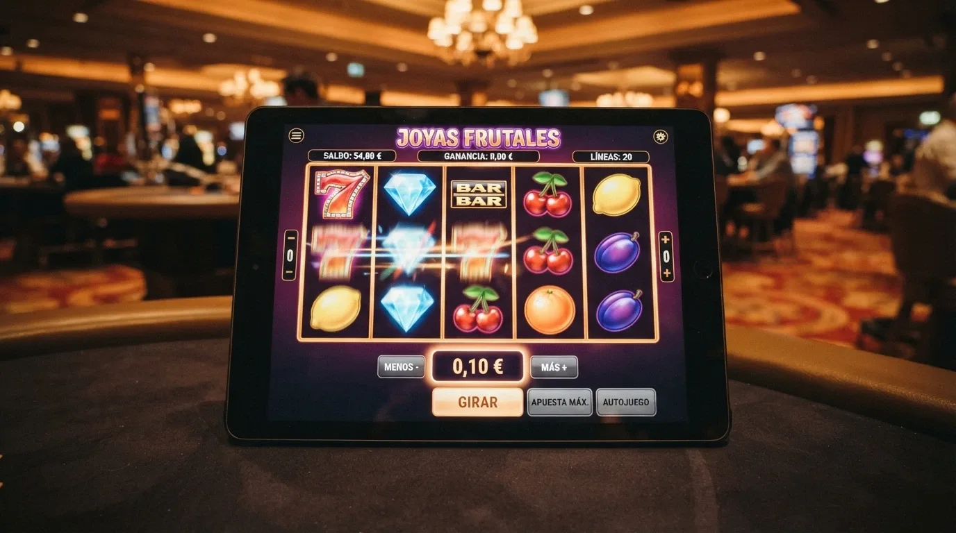 Interfaz de una slot online popular (Starburst o Book of Dead) con el selector de apuesta mostrando un valor de 0,10€ por giro