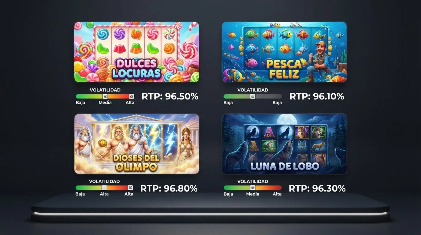 Una cuadrícula de miniaturas de slots de casino con sus porcentajes de RTP y barras de volatilidad superpuestas