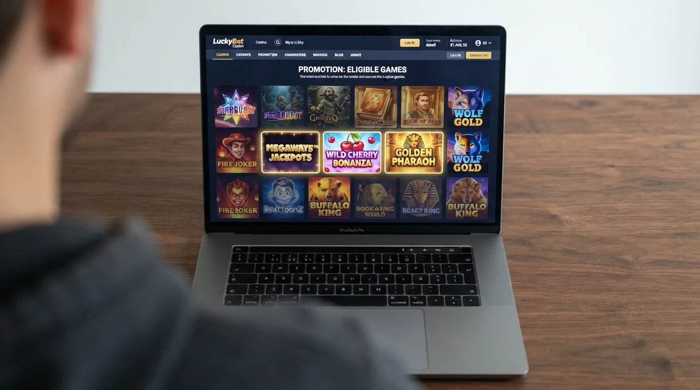 Pantalla de lobby de casino online con varios slots marcados como elegibles para una promoción con código y otros sin el distintivo