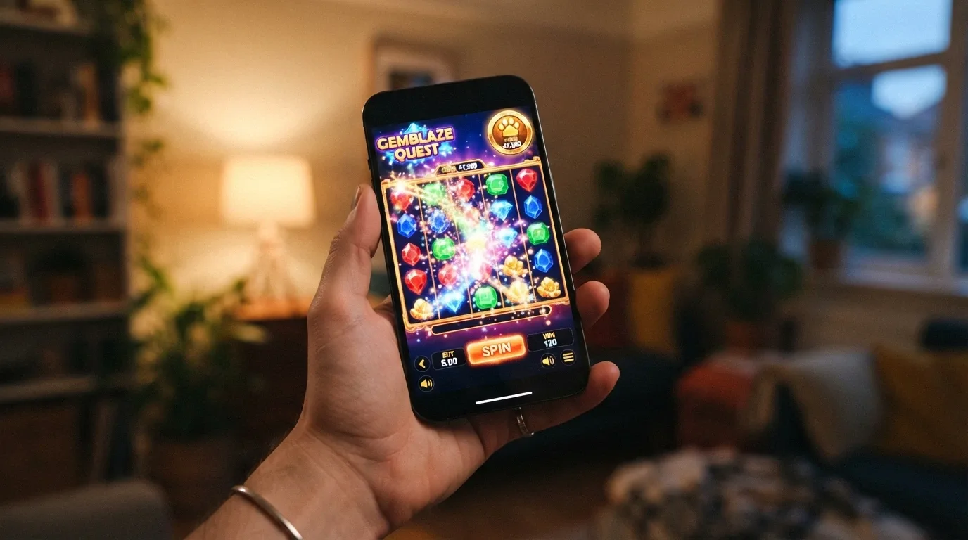 Pantalla de una tragaperras online colorida con la interfaz del casino mostrando el saldo en DOGE en la esquina