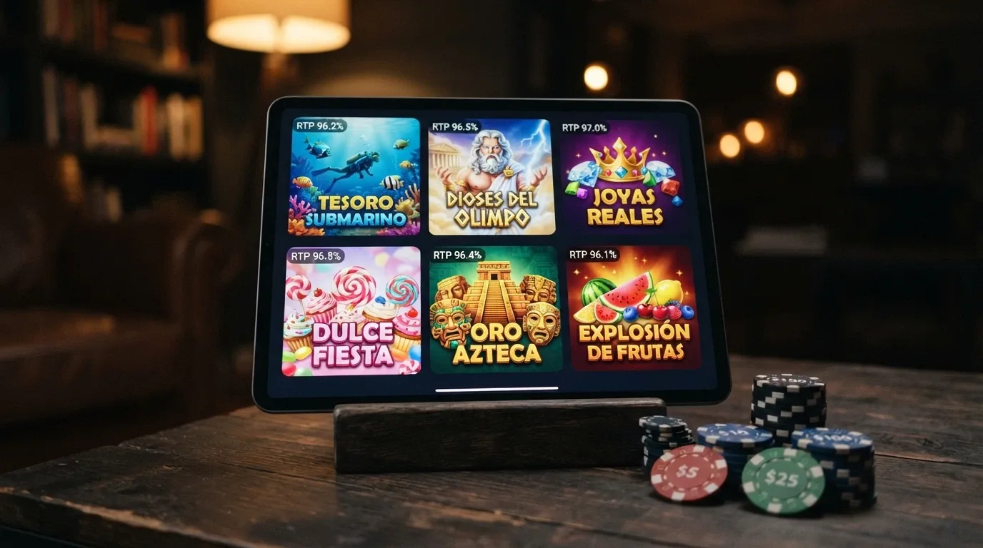 Una cuadrícula de carátulas de slots con porcentajes de RTP superpuestos y fichas de colores
