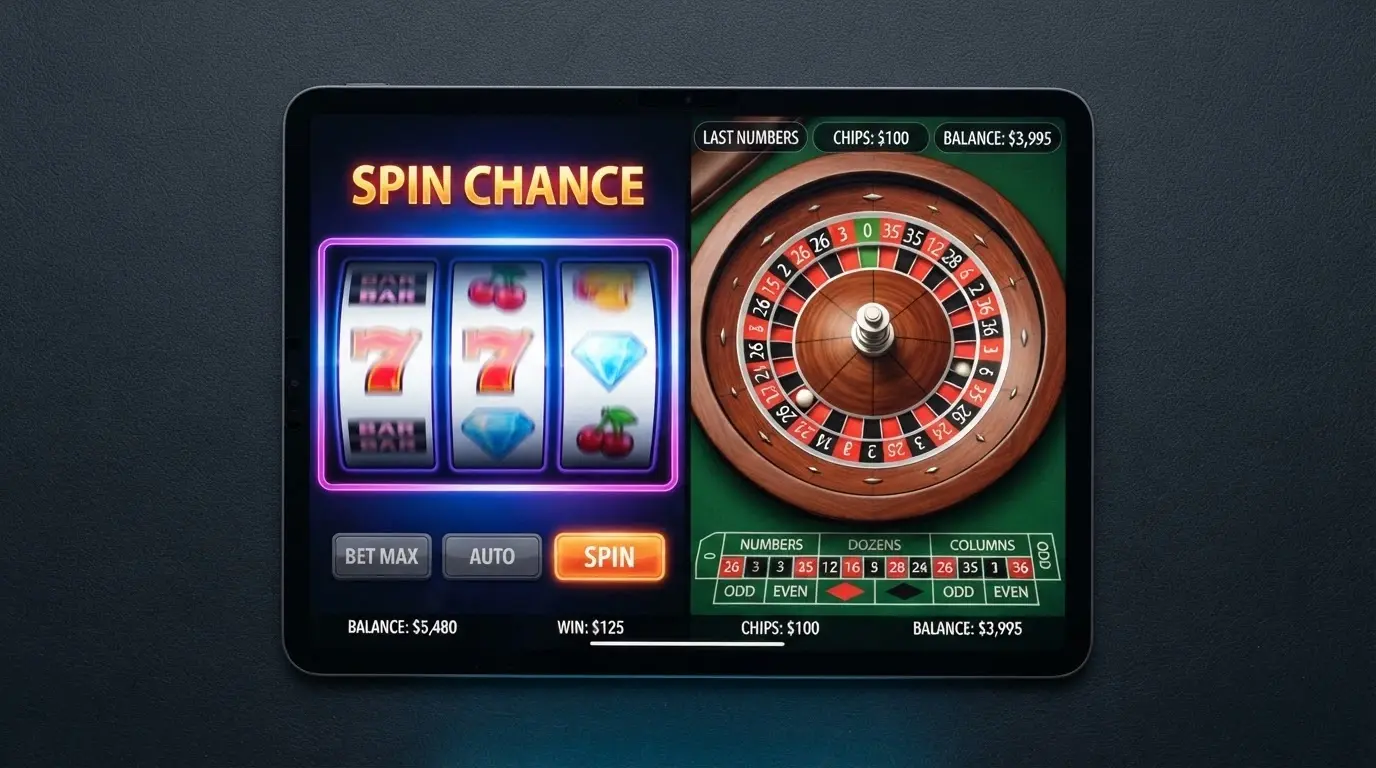 Interfaz de un casino online mostrando slots y una mesa de ruleta en vivo