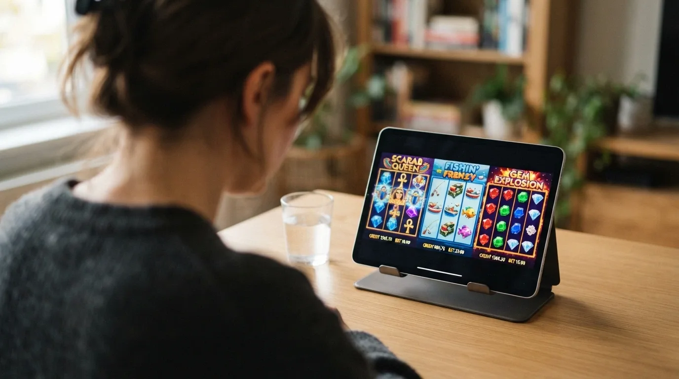 Tres tragaperras online populares en una misma pantalla con sus carretes girados a mitad de tirada: Book of Dead, Starburst y Big Bass Bonanza, cada una con su RTP visible en una etiqueta