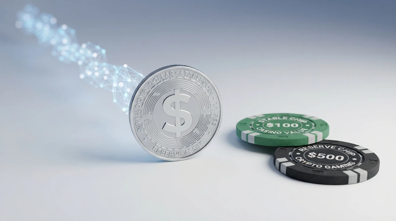 Representación visual de una stablecoin USDC vinculada al dólar estadounidense junto a fichas de casino y una pantalla de juego