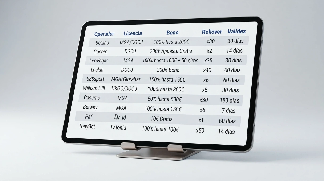 Tabla comparativa con los datos clave de ofertas de bienvenida de varios casinos online con licencia española