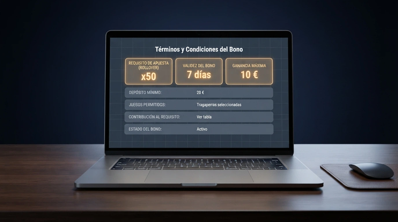 Pantalla de las condiciones de un bono de tiradas gratis dentro de un casino online español, con los campos de rollover, plazo y ganancias máximas resaltados