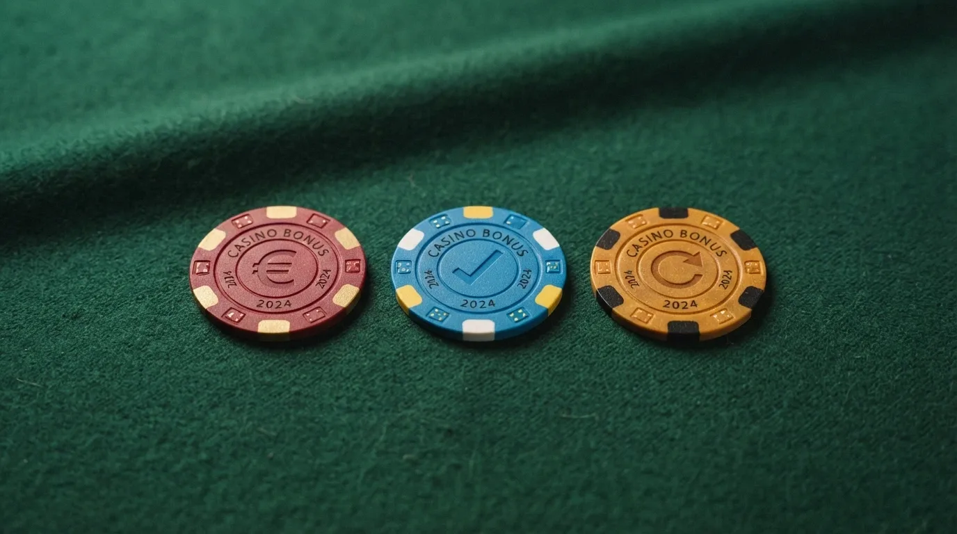 Tres fichas de casino dispuestas en fila con los símbolos de sin depósito, con depósito y sin rollover sobre una mesa de juego