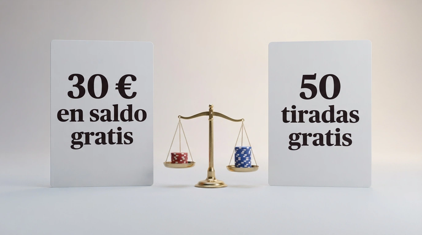 Dos tarjetas enfrentadas: una muestra «30 € en saldo gratis» y la otra «50 tiradas gratis», con una balanza que pesa condiciones de rollover debajo