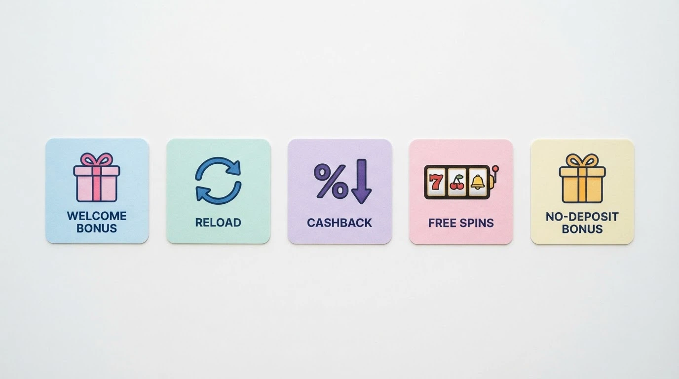 Mosaico visual con iconos representando los distintos tipos de bonos de casino: sin depósito, bienvenida, recarga, cashback y tiradas gratis
