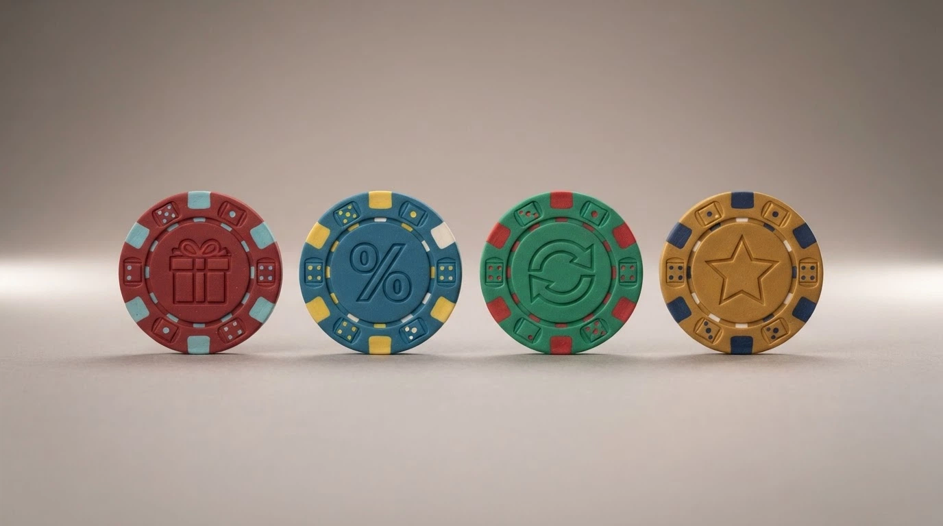Cuatro fichas de promociones de casino ordenadas en una fila, cada una con un color y un icono distinto: bono de bienvenida, bono sin depósito, tiradas gratis y bono de recarga