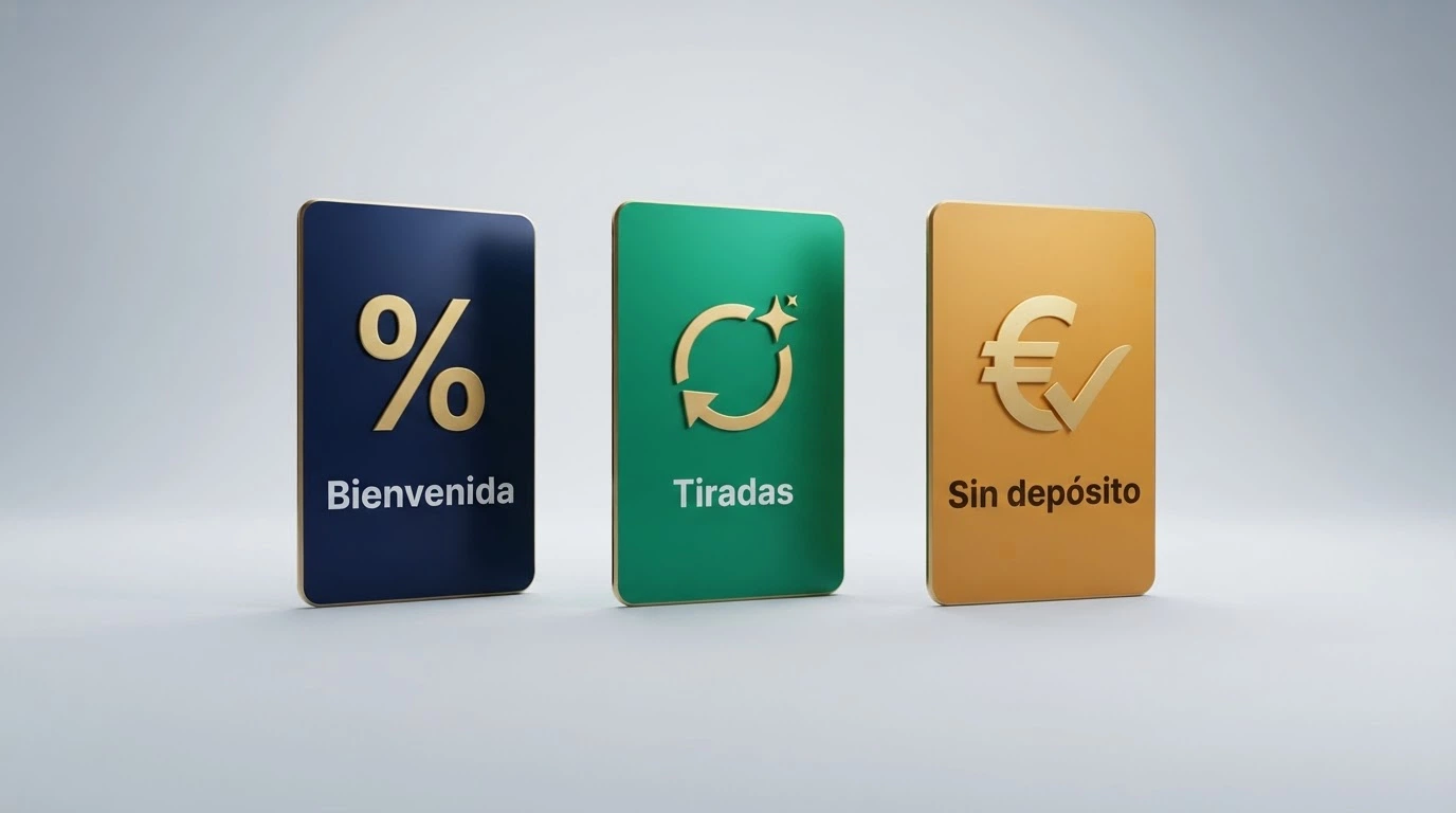 Tres tarjetas con los tipos de oferta —bono de bienvenida, giros gratis y bono sin depósito— cada una con sus condiciones resumidas