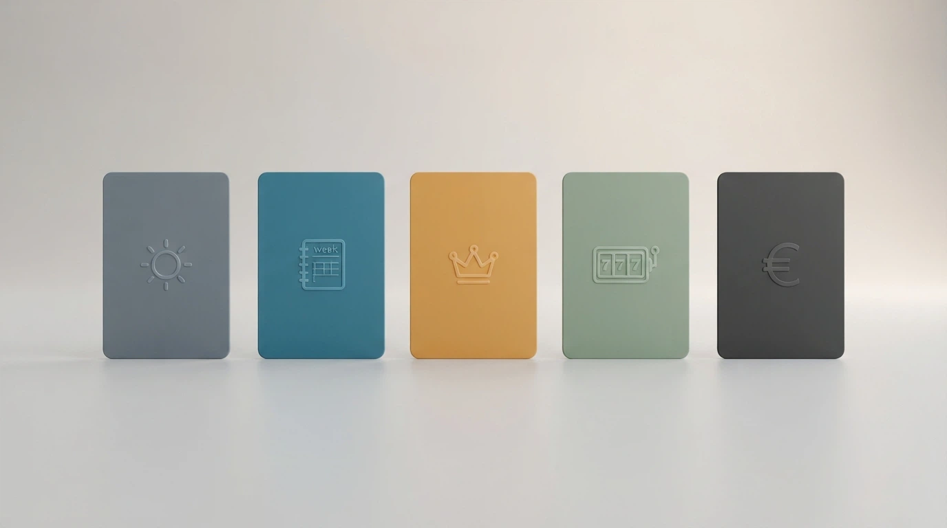 Cinco tarjetas ordenadas con iconos que representan los distintos tipos de cashback: diario, semanal, VIP, por juego específico y en dinero real