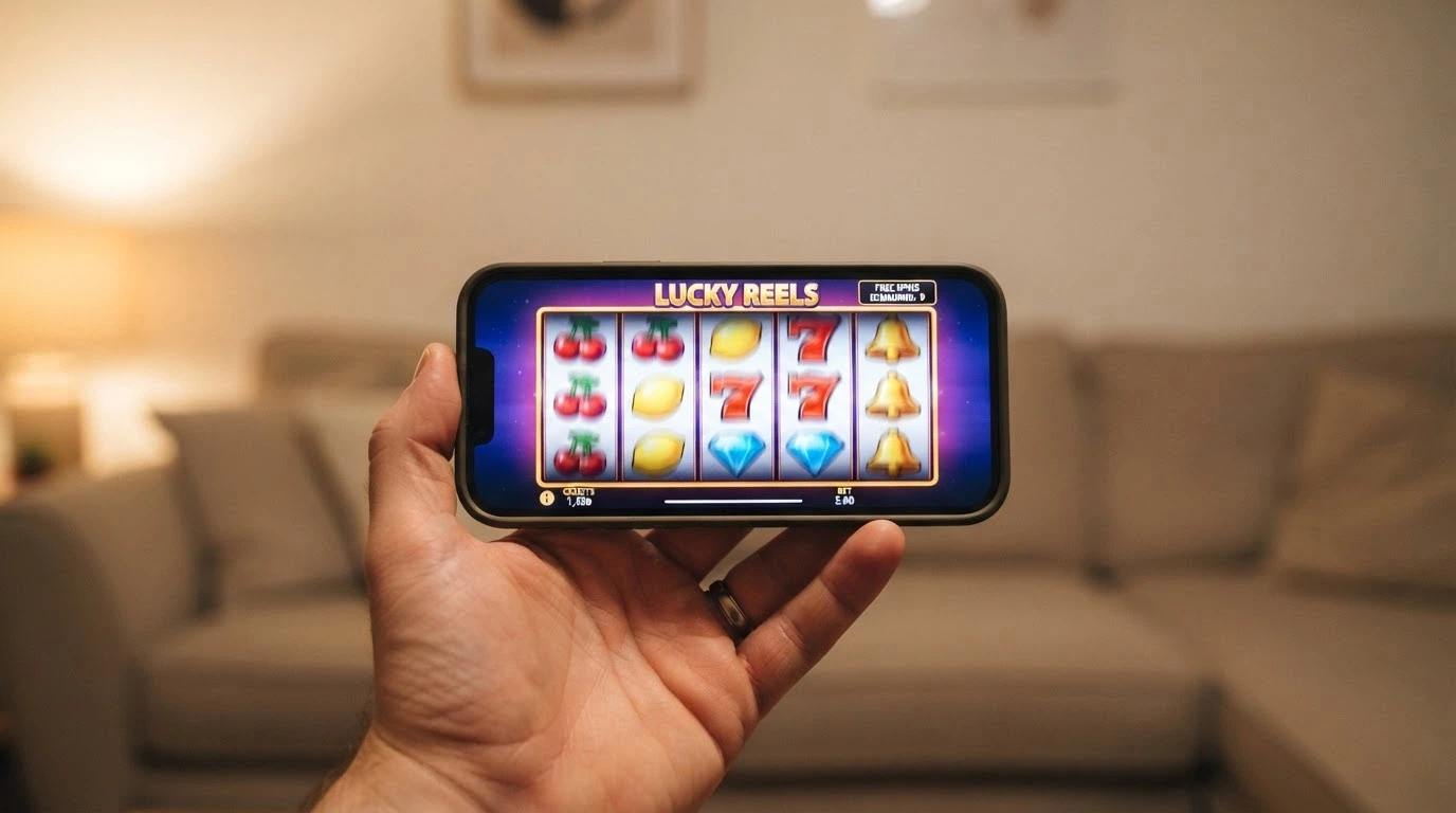 Una ruleta de slot girando en la pantalla de un móvil con el contador de tiradas gratis visibles en la esquina superior