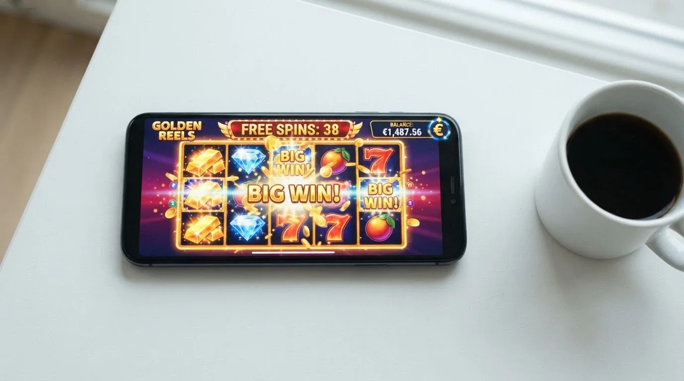 Pantalla de un móvil mostrando una slot con el contador de tiradas gratis activo y el saldo en euros subiendo