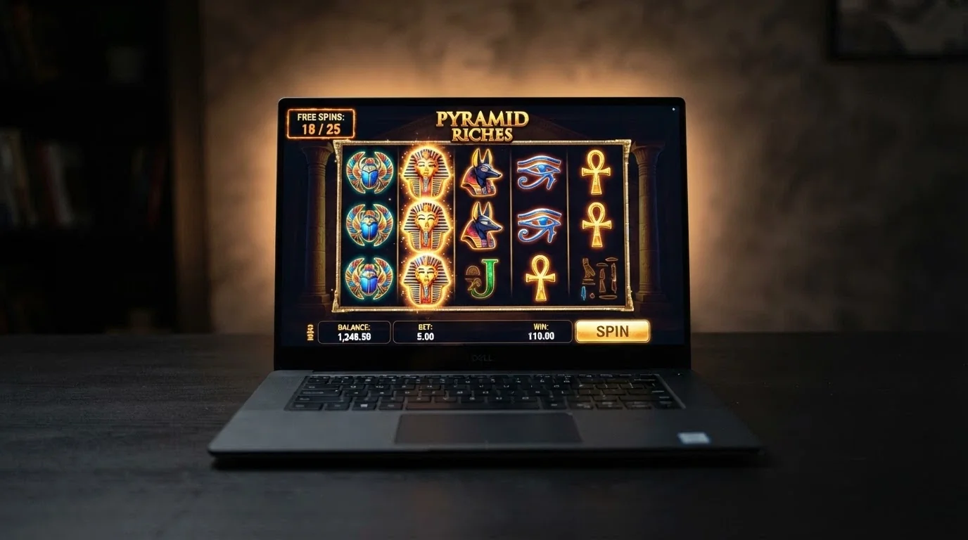 Interfaz de slot online con el contador de tiradas gratis activo en la esquina superior y el título del juego visible