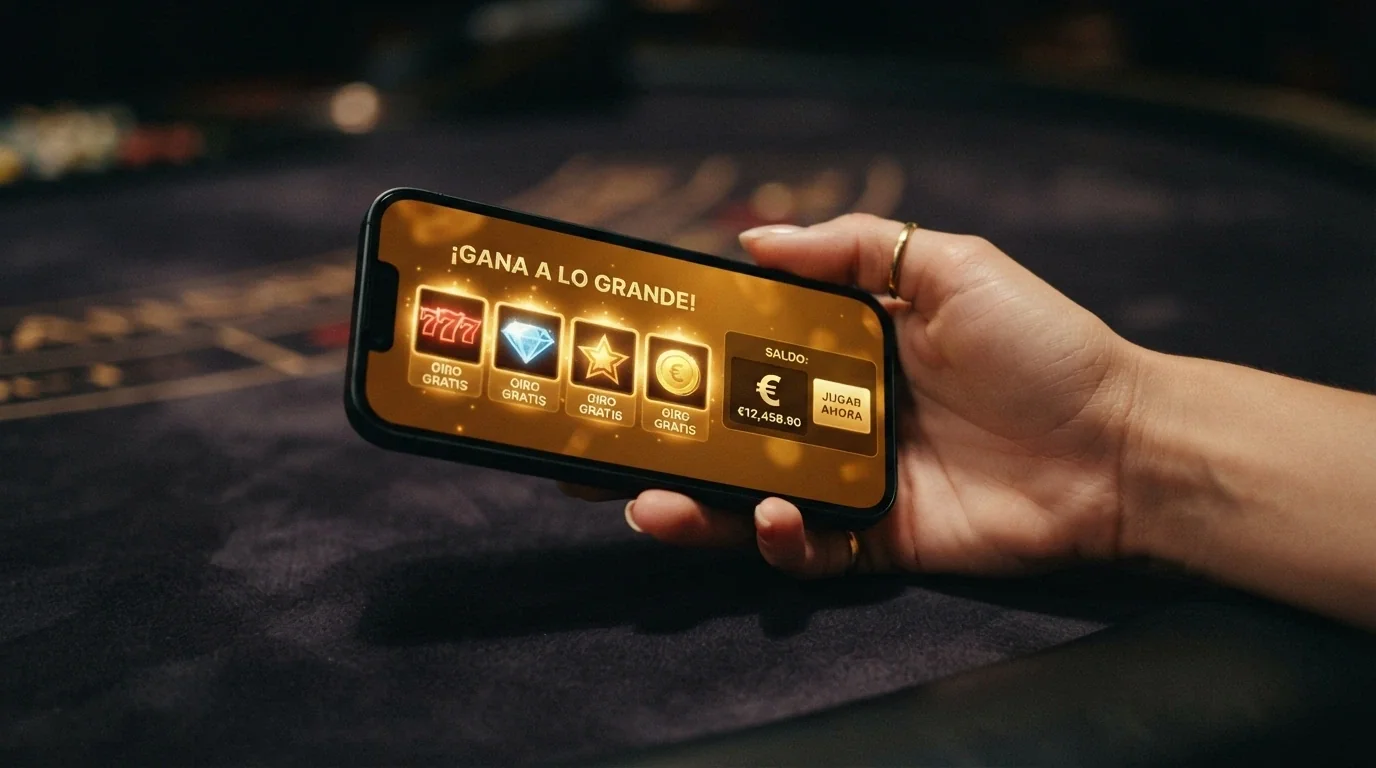 Una mano sujetando un teléfono móvil abierto en una promoción de casino que muestra un contador de tiradas gratis junto a un saldo en euros