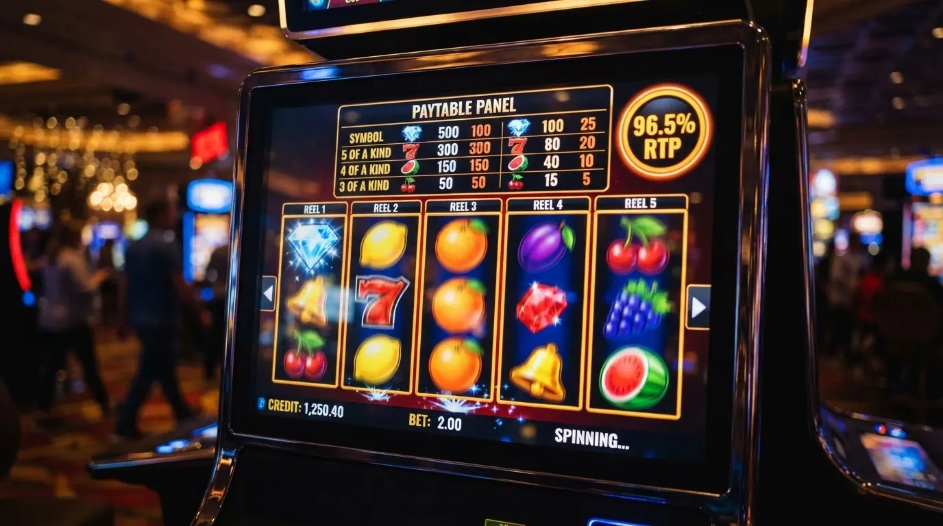 La pantalla de una tragaperras online con su tabla de pagos visible y el porcentaje RTP en pantalla