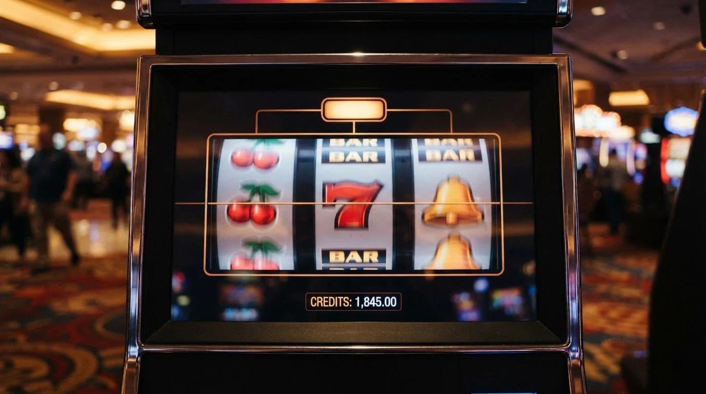 Pantalla de una tragaperras online con rodillos girando y el símbolo de Bitcoin Cash integrado en la interfaz del juego